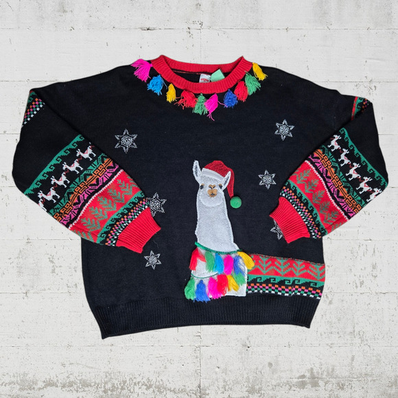 Black Llama Colorful Tassel Snowflake Fair Isle Winter Knitted Sweater Size XL - Picture 2 of 7
